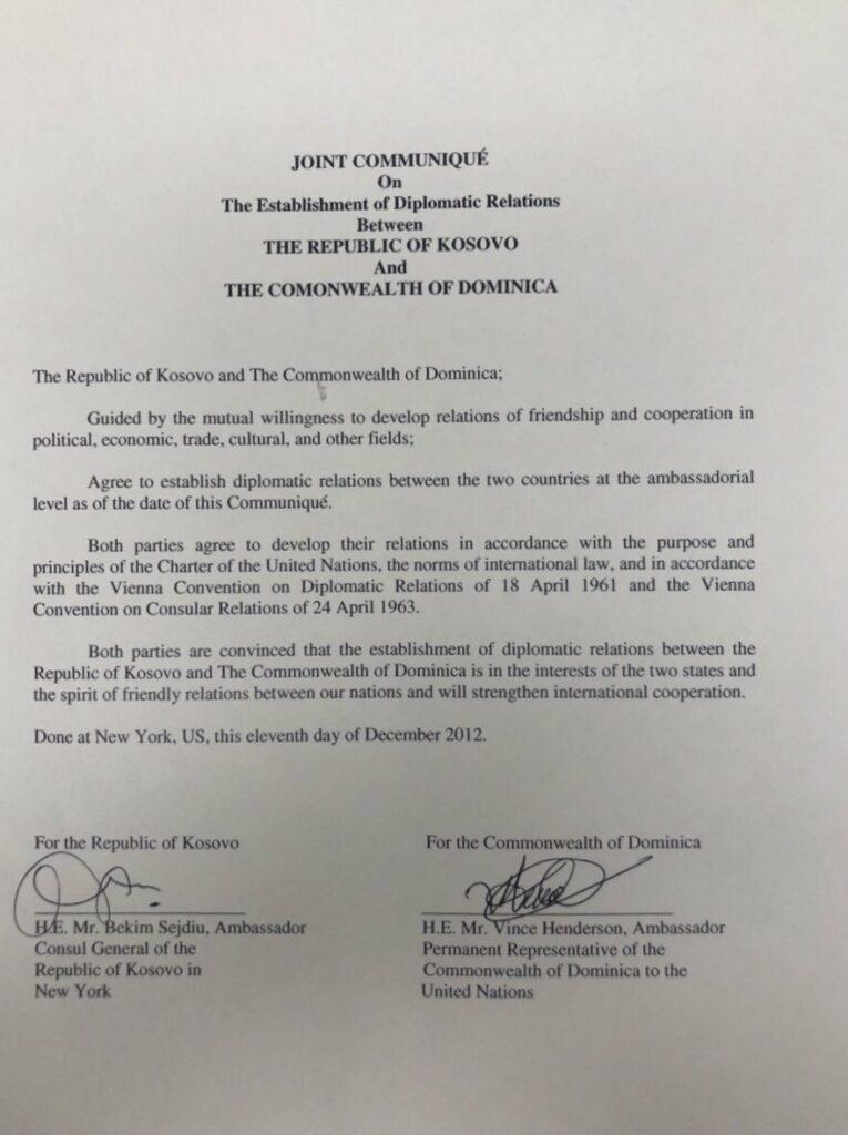 Dominica konfirmon njohjen e Republikës së Kosovës. Nota verbale arrin javën e ardhshme.