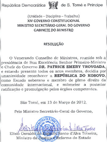 11 janar 2013 –Njohja nga Sao Tome dhe Principe është rezultat i një angazhimi të ngjeshur diplomatik në kontinentin afrikan. Gjatë turneve lobuese në kontinentin e Afrikës, kam zhvilluar disa vizita në këtë shtet. Në vizitën e fundit në Sao Tome, me 21 nëntor 2012, gjatë takimit me kryeministrin Patrice Emery Trovoada dhe ministrin e punëve të Jashtme, Manuel Salvador Dos Ramos, mu konfirmua se njohja e Kosovës nga Sao Tome do të vinte shumë shpejt. Ju prezantojë Notën Verbale.